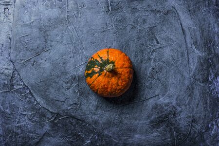 Single Pumpkin on a dark blue stone background. Concept autumn, halloween, harvest. Banner. Flat lay, top view.の写真素材