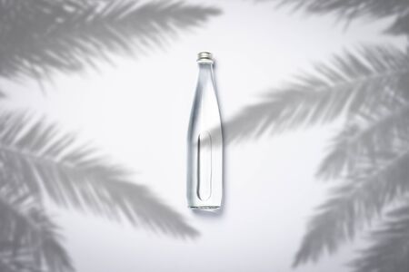 Bottle of pure crystal water on a white background under palm leaves and sunlight. Banner. Concept of thirst, heat, summer, tropic. Flat lay, top view.の写真素材