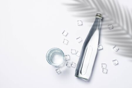 Bottle of pure crystal water with ice cubes on a white background under palm leaves and sunlight. Banner. Concept of thirst, heat, summer, tropic. Flat lay, top view.の写真素材