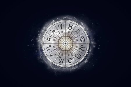 Astrological circle with the signs of the zodiac on a background of the starry sky. Illustration for...