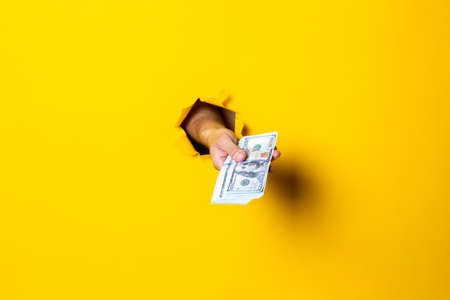 Woman's hand holds a bundle of one hundred dollar bills on a yellow background.