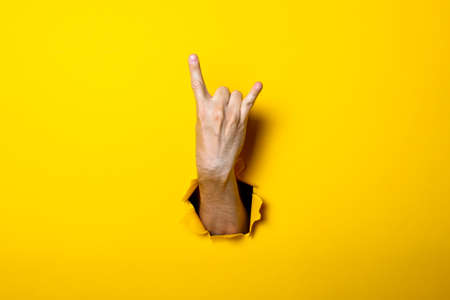 Male hand shows the gesture of goat, rocker goat, horns on a yellow background. Hand gestures.
