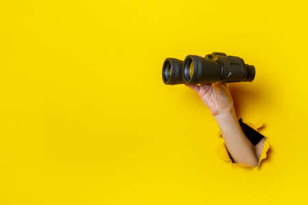 Female hand holds black binoculars on a yellow background. Looking through binoculars, journey, find and search concept.の写真素材