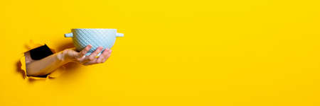 Female hand holding a blue bowl on a bright yellow background. Bannerの写真素材