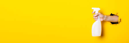 Hand holds spray with cleaning agent or water on yellow background.