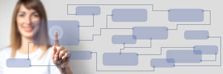 young girl points a finger, rectangular icons on a light background are added. Banner. Digital technology concept.の写真素材