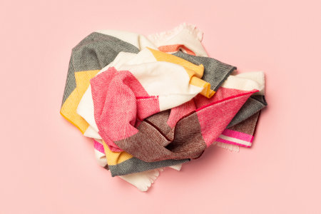 Beautiful warm scarf on a pink background. Natural woolen fabric, fragment of a sweater for design....