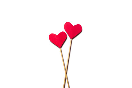 Composition Valentine's Day. Heart on a stick on a white background. Banner. Flat lay, top view.の写真素材