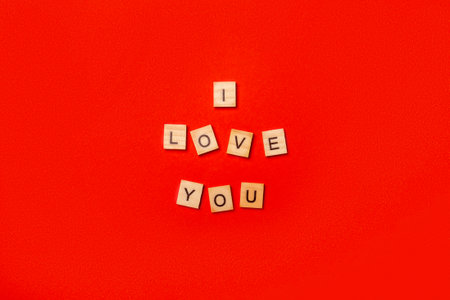 Wooden plaque with the text I love you on a red background. Composition Valentine's Day. Banner....