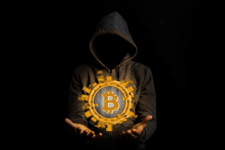 Man without a face in a hood holds a luminous bitcoin icon in his hands on a dark background.の写真素材