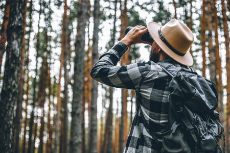 Male tourist looking through binoculars in the forest.の写真素材