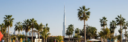 panoramic view of skyscrapers and palm trees. Recreation, tourism, travel. Bannerのeditorial素材