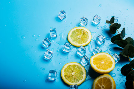 juicy yellow lemon slices, ice cubes and a sprig of eucalyptus on a blue background. Top view, flat...