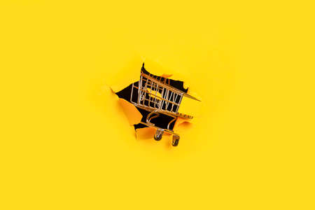 empty shopping cart punches yellow background. Shopping, online shopping, self-service.の写真素材