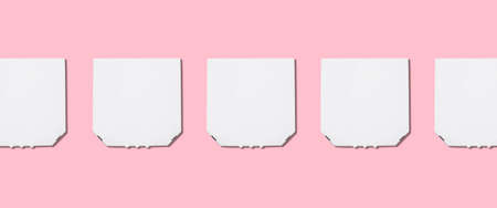 many packages with pizza on a pink background. Top view, flat lay. Banner.