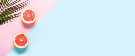 Sliced grapefruit and palm branch on a pink and blue background. Banner. Flat lay, top view.の写真素材