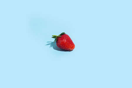 one fresh red strawberry on a blue background. Top view, flat lay.の写真素材