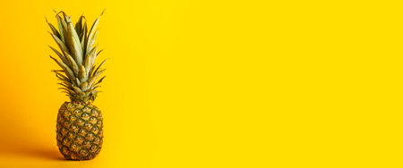 Fresh ripe whole yellow pineapple on a yellow background. Banner.の写真素材