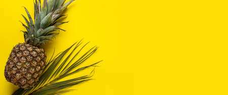 fresh ripe whole yellow pineapple and lsit palms on a yellow background. Top view, flat lay. Banner.