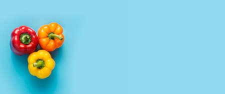 Fresh bright sweet peppers on a blue background. Top view, flat lay. Banner.の写真素材