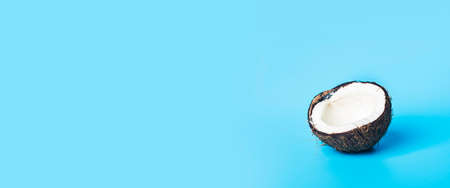 Coconut white. One half opened coconut on a blue background. Banner.