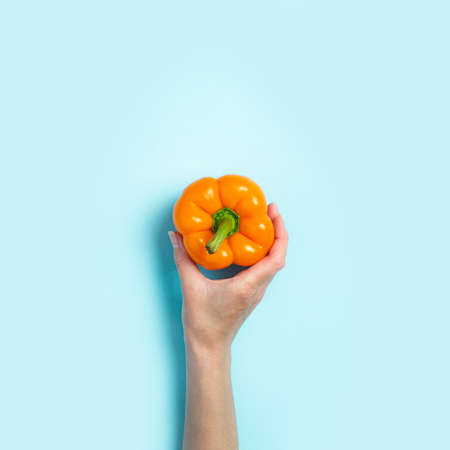 A female hand holds an orange pepper on a blue background. Top view, flat lay.