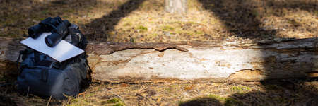Tourist backpack, hat, binoculars and a map on a log in the forest. Concept of hiking, hiking in the mountains. Banner.の写真素材