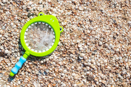 Children's toy, a net for fishing on shells on the beach. Top view, flat lay.の写真素材