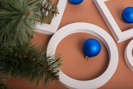 Christmas tree, geometric shapes, decorations, gifts. Banner. Flat lay, top view.の写真素材