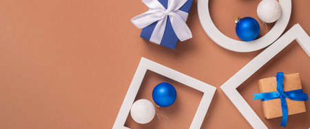 Abstract background of geometric shapes, Christmas tree decorations. Banner. Flat lay, top view.の写真素材