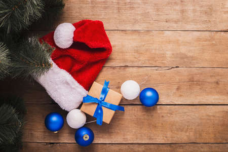 Composition Christmas and New Year on a wooden background. Top view, flat lay.の写真素材