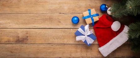 Composition Christmas and New Year on a wooden background. Top view, flat lay. Banner.の写真素材