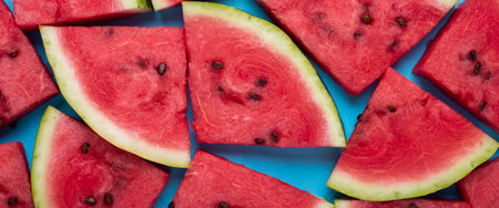 Background of slices of juicy red watermelon on a blue background. Top view, flat lay. Banner.の写真素材