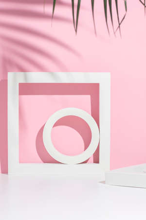 White square podium, circles for presentation and a leaf of a palm tree on a white pink background.の写真素材