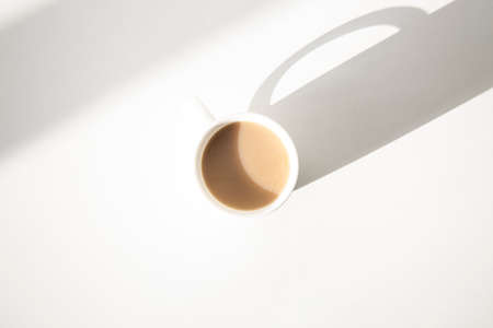 White cup under natural light on a white background. Top view flat layの写真素材