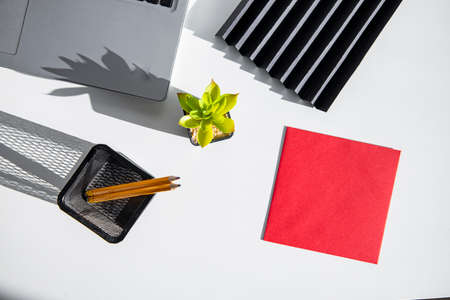 Modern workspace with computer and office supplies. Flat lay, top view.