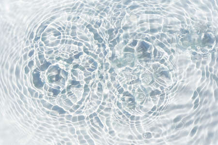 Shadow of palm leaf on transparent water and drops of water falling. Top view, flat lay.の写真素材