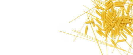 Dry pasta long spaghetti on a white background. Top view, flat lay. Banner