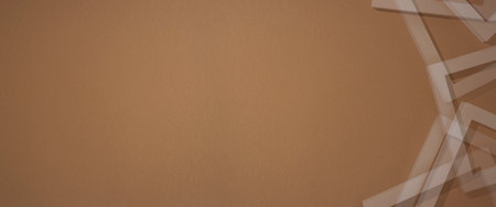 Podium for presentation square white frames on brown background. Top view, flat lay. Banner.の写真素材