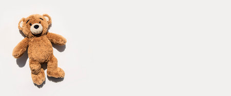 Soft toy bear lies on a white background. Top view, flat lay. Banner.の写真素材