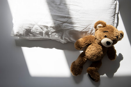 Soft toy bear lies on a pillow under natural light. Top view, flat lay.