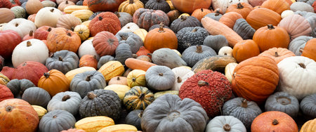 Colorful varieties of pumpkins and squash. harvest concept. Top view, flat lay. Banner.