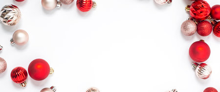 Decorative balls on a white background. Top view, flat lay. Bannerの写真素材