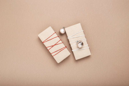 Two gifts on a craft background. Top view, flat lay