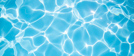 Clear blue water in the pool under the rays of the sun. Banner.