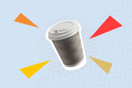 Coffee paper cup with lid on creative abstract blue background.の写真素材