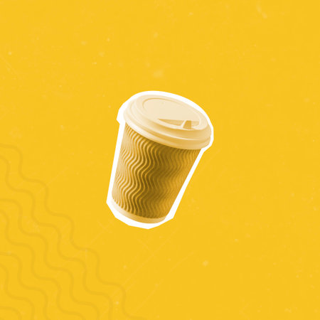 Coffee paper cup with lid on creative abstract yellow background.の写真素材