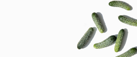 Fresh cucumbers on a white background. Top view, flat lay. Banner.の写真素材