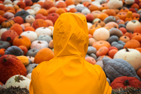 Young woman with her back in a yellow raincoat against the background of pumpkins.