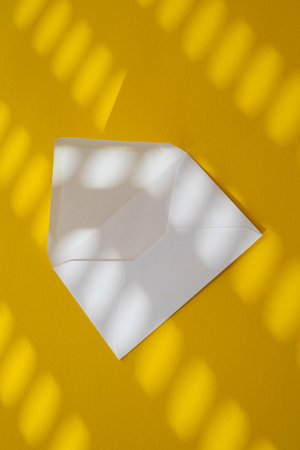 White envelope under sunlight on a yellow background. Top view, flat lay.の写真素材